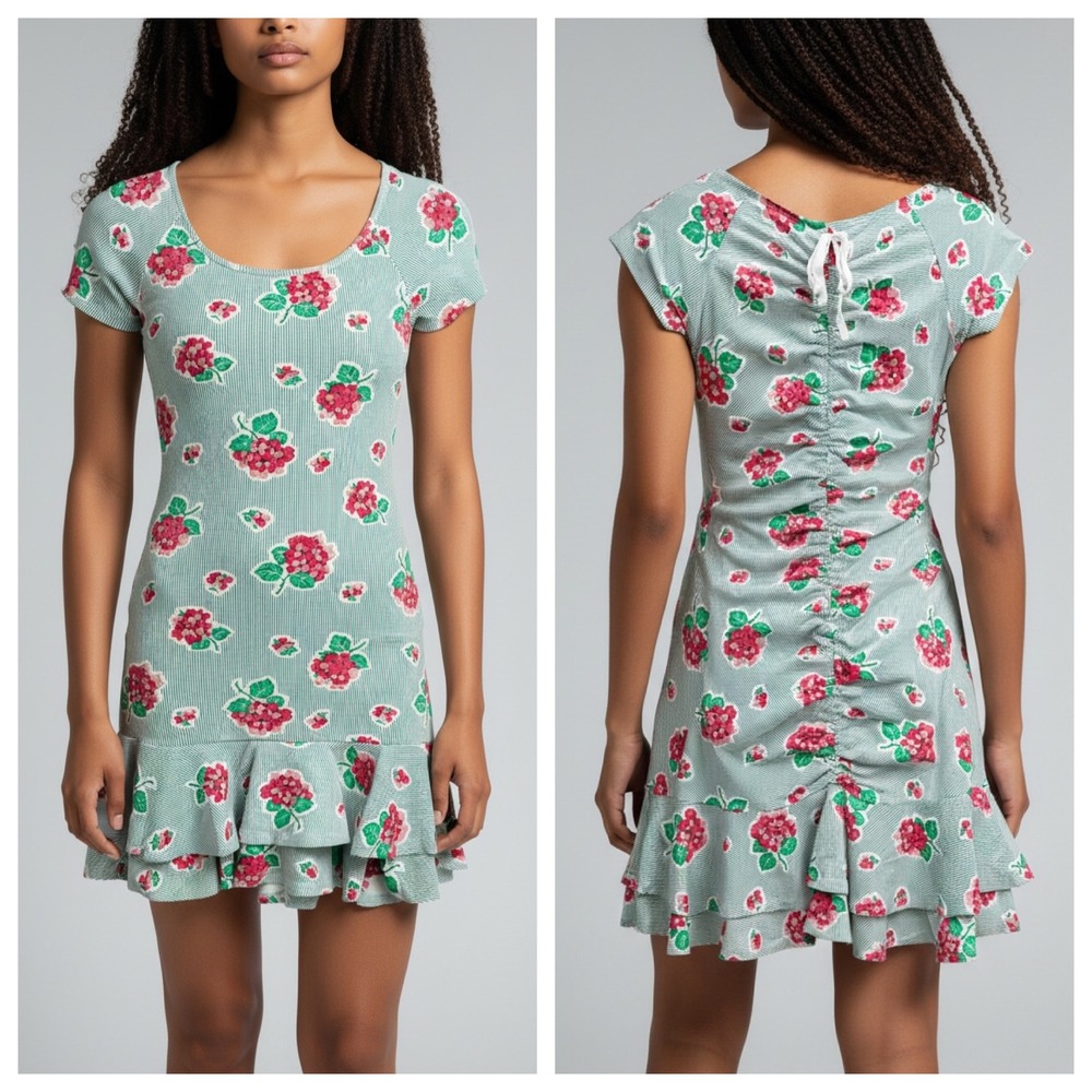 Vintage Betsey Johnson Floral Stripe Ruched Back Ruffle Hem Dress‎ Small